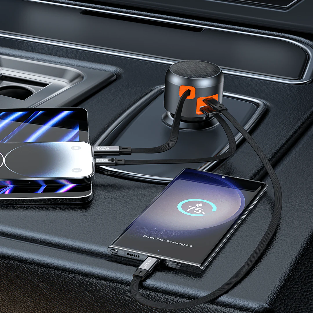 FlexDrive 60W Fast Car Charger with Retractable USB-C Cable (USB-C + USB-A) - Image 3