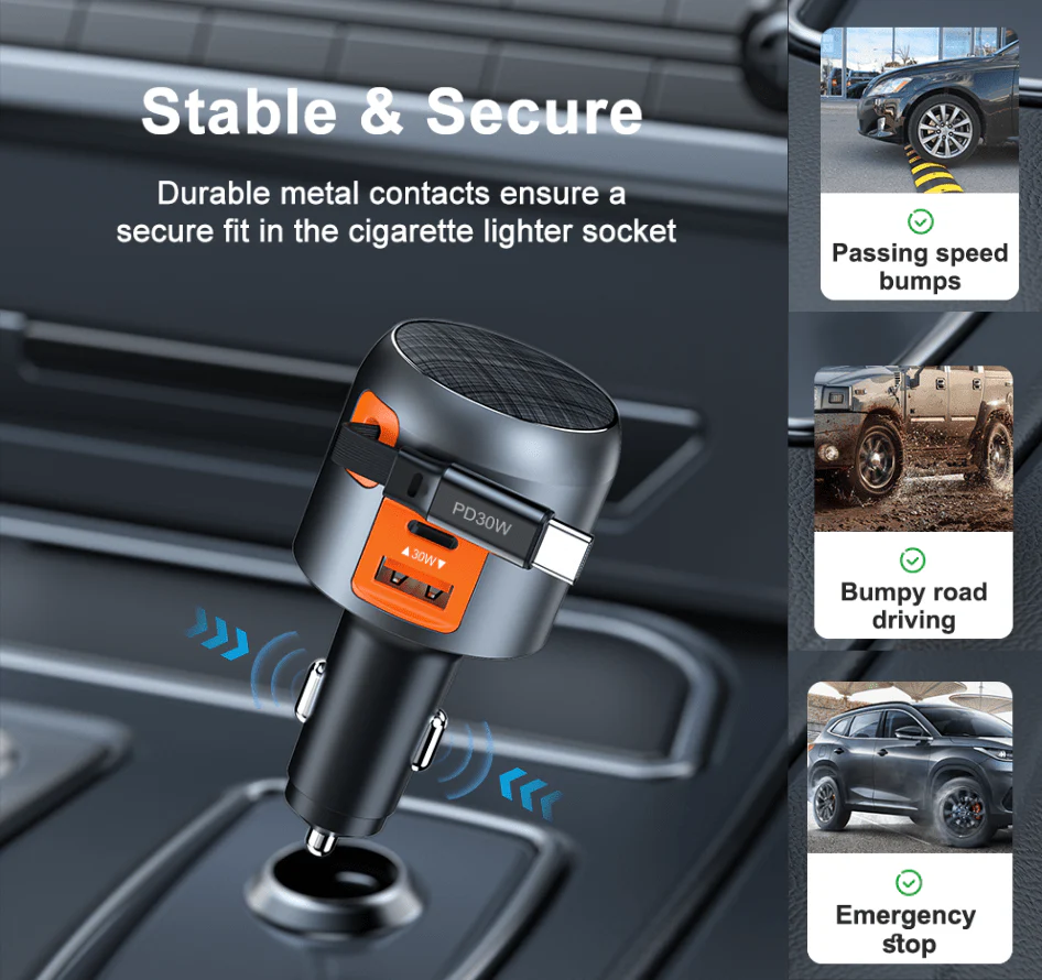 FlexDrive 60W Fast Car Charger with Retractable USB-C Cable (USB-C + USB-A) - Image 4