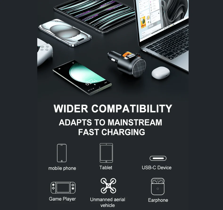 FlexDrive 60W Fast Car Charger with Retractable USB-C Cable (USB-C + USB-A) - Image 7