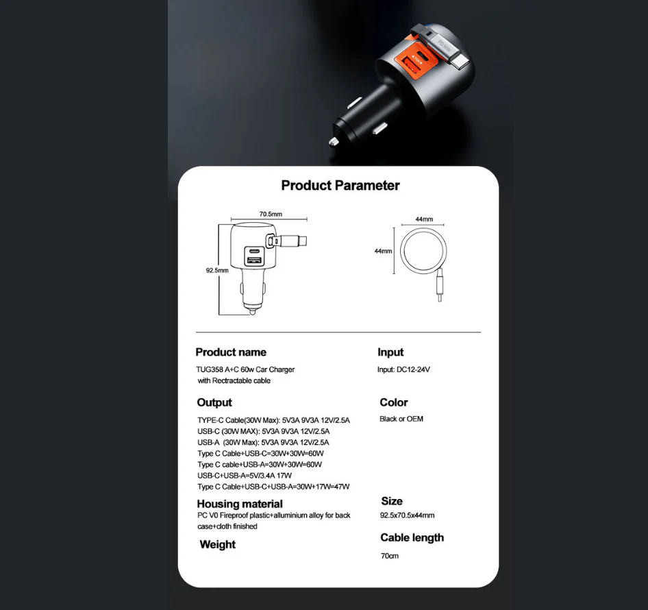 FlexDrive 60W Fast Car Charger with Retractable USB-C Cable (USB-C + USB-A) - Image 8
